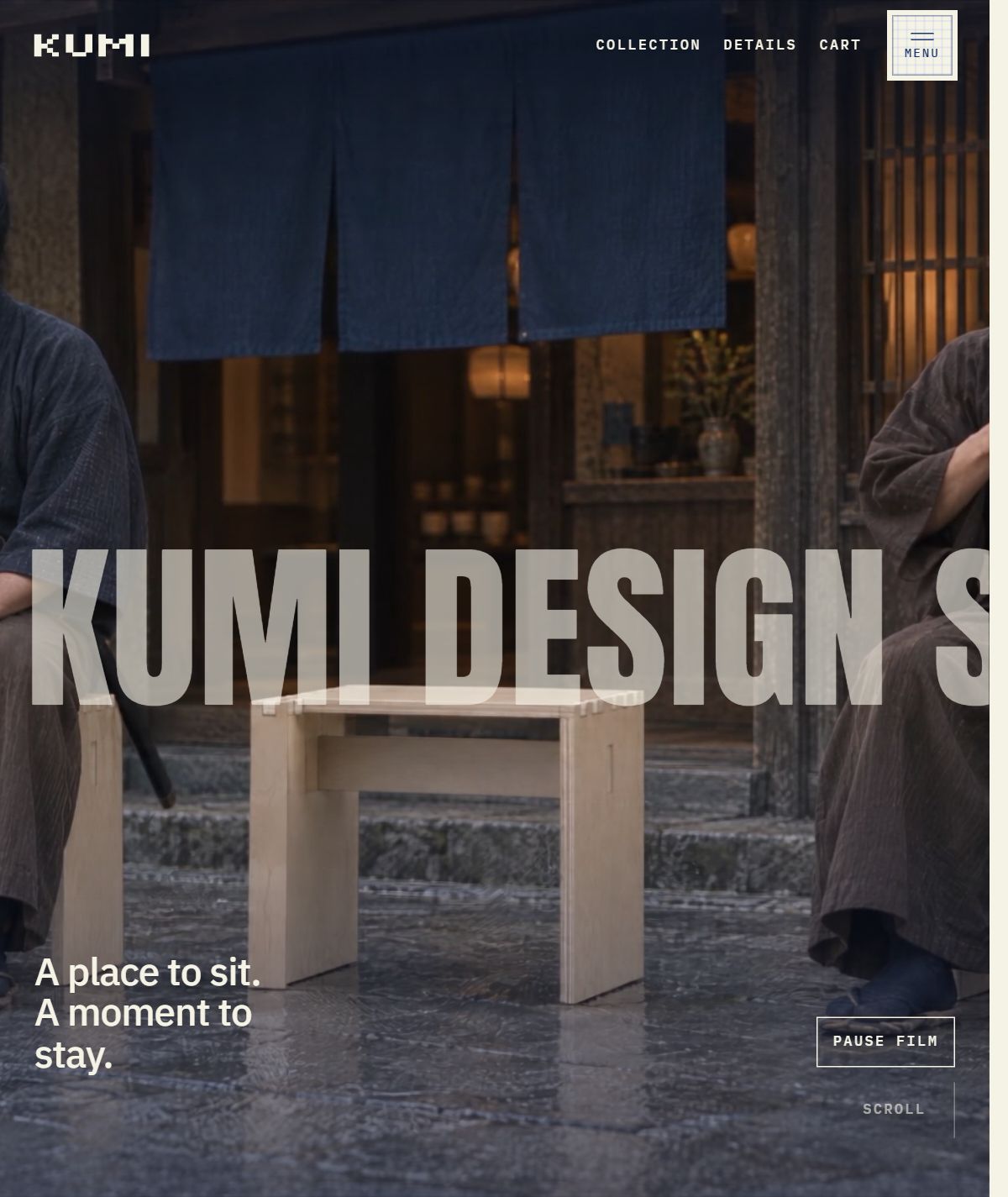 Kumi website: a film still of a wooden stool with the words Kumi Design Studio across it