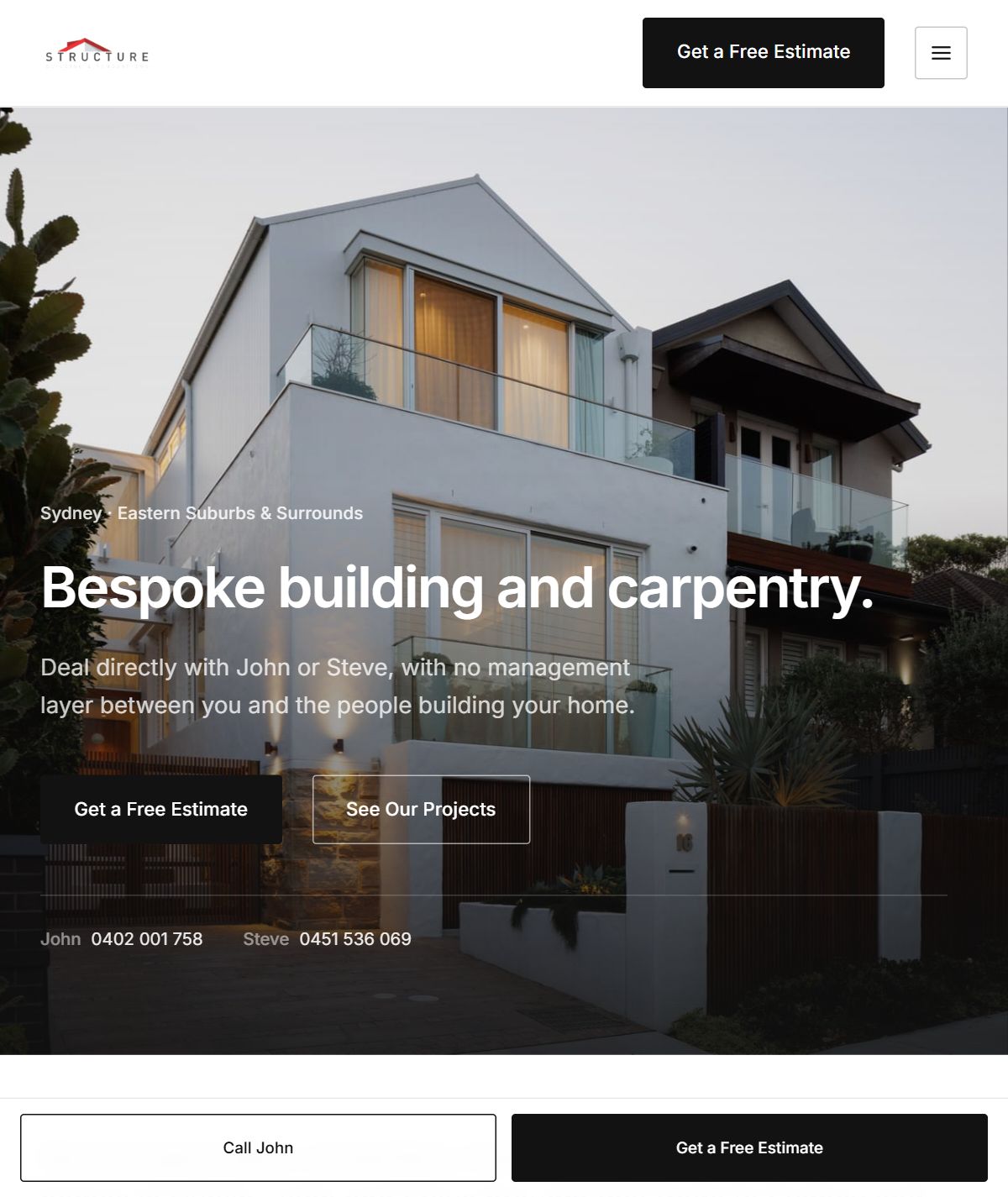 Structure Building and Renovations website: a house at dusk with the headline Bespoke building and carpentry