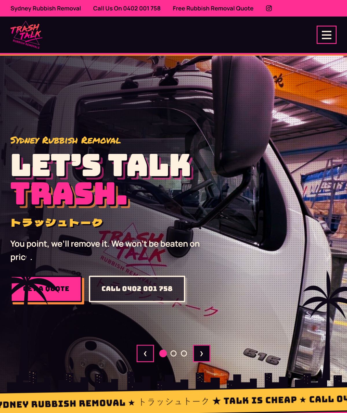 Trash Talk website: a retro Miami-style design in pink and black