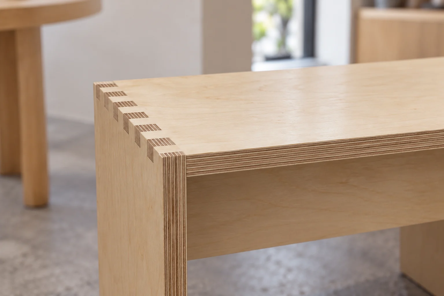 Close-up of the plywood layers and interlocking box joint at the top corner of the stool.
