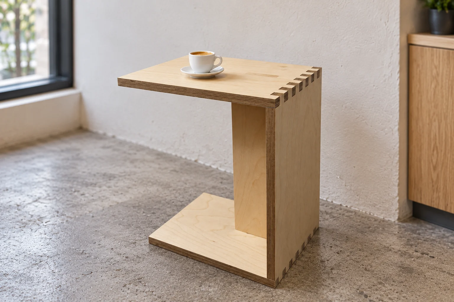 The Kumi stool turned on its side as a C-shaped table, with an espresso cup in a daylight cafe.