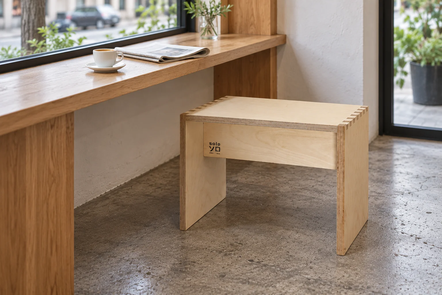 The Kumi stool at a cafe window counter, with coffee and a folded newspaper in natural daylight.