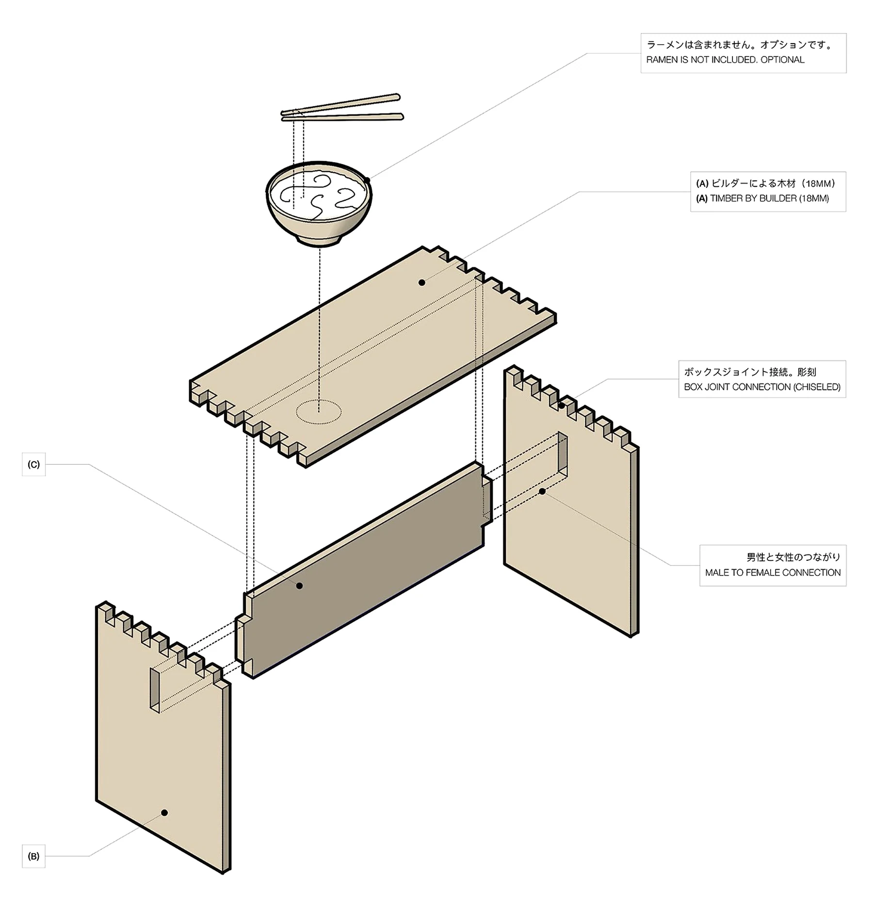 The original exploded drawing of the seat, two side panels and stretcher.